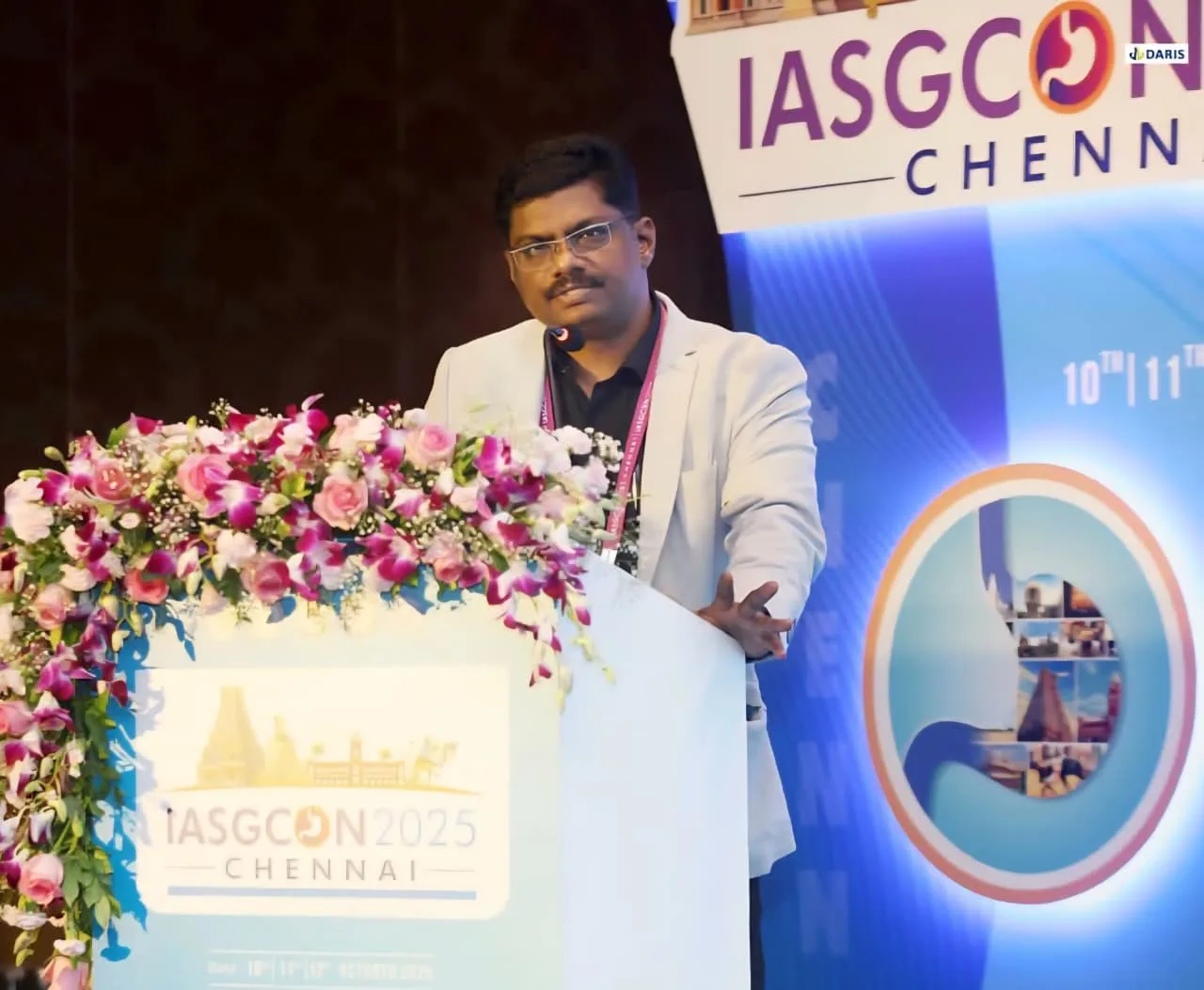 IASGCON 2025 — Dr. J. Saravanan podium close-up, Chennai